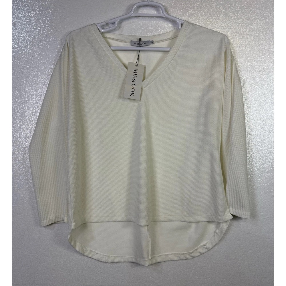 Miss look Waffle Knit Top Shirt Womens Sz 2XL Cream White V Neck Pullover